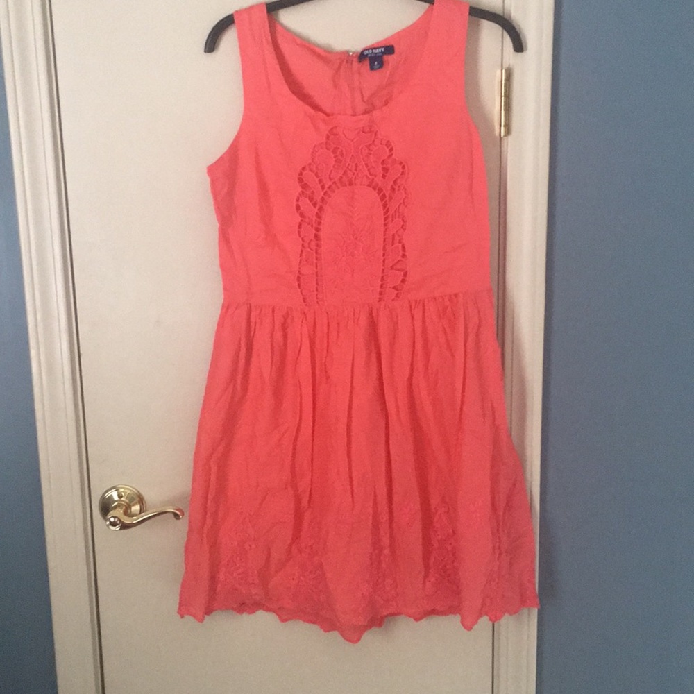 Salmon colored dress with lace details